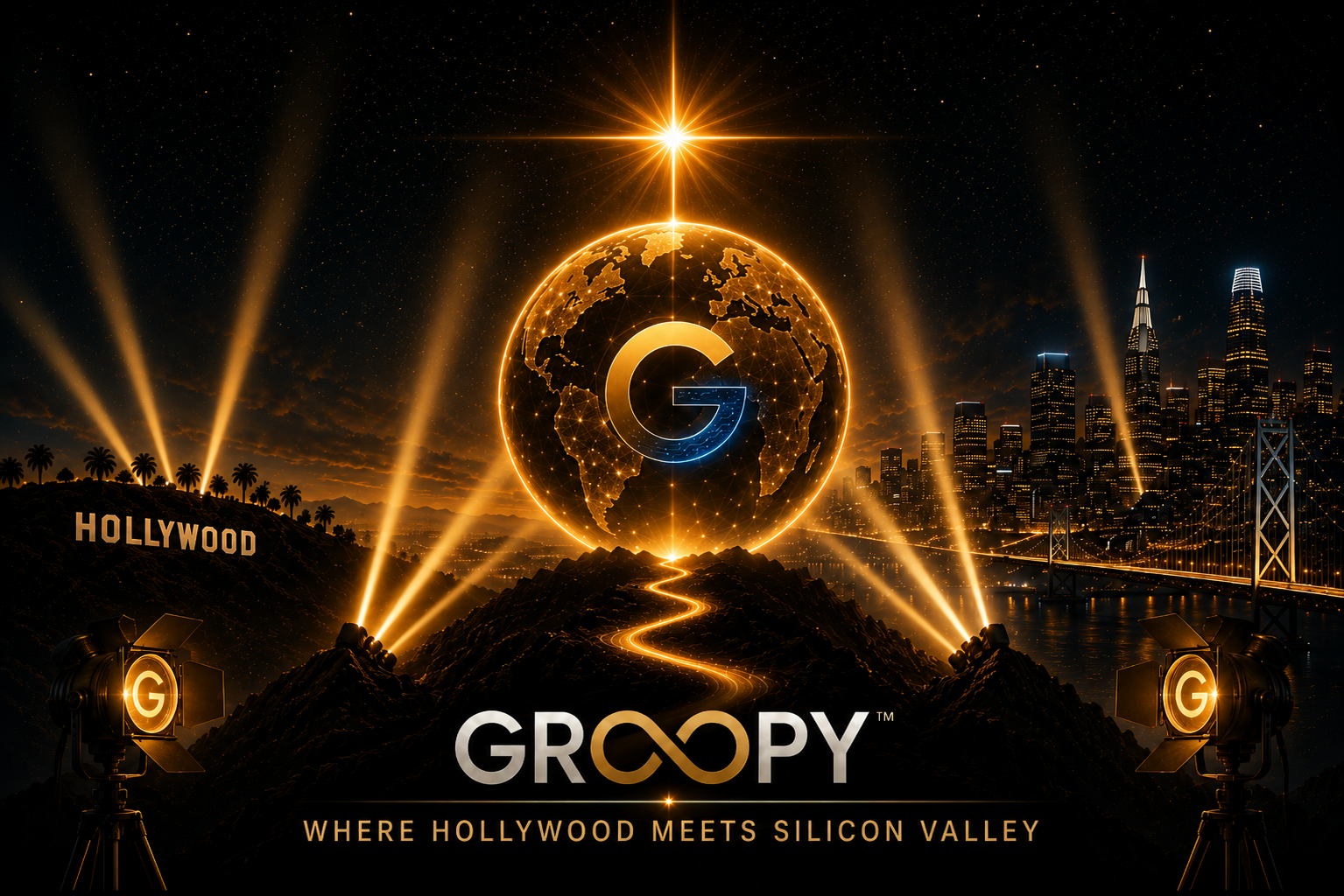 Groopy — Where Hollywood Meets Silicon Valley. The Groopy globe rising above Hollywood and San Francisco.
