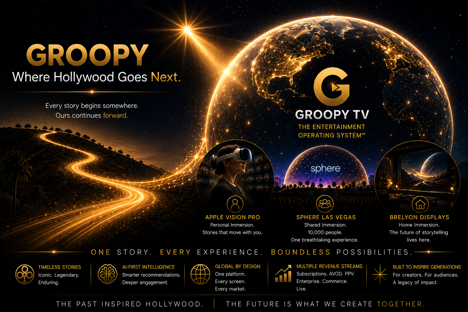 Groopy — Where Hollywood Goes Next. The Entertainment Operating System connecting Apple Vision Pro, Sphere Las Vegas, and Brelyon Displays.
